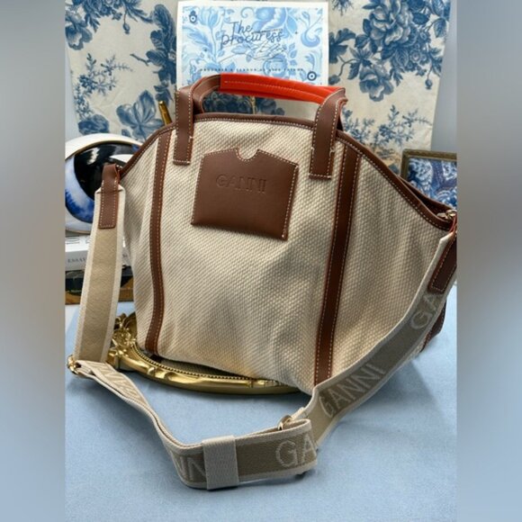 🆕 GANNI 🧿 NWT Small Banner Tote, Egret Cream Canvas & Tan Leather - Picture 9 of 14